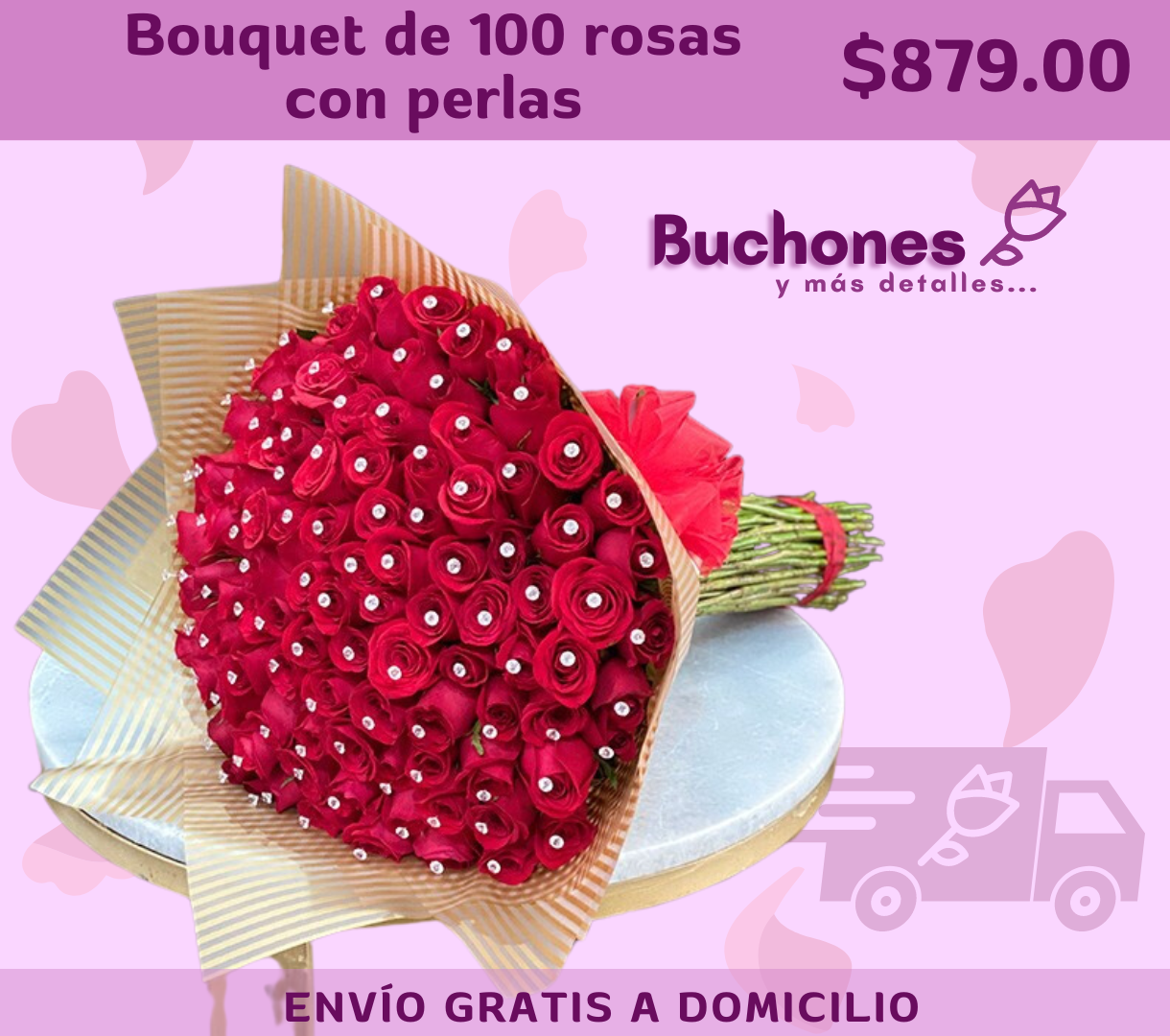 Bouquet de 100 rosas con perlas