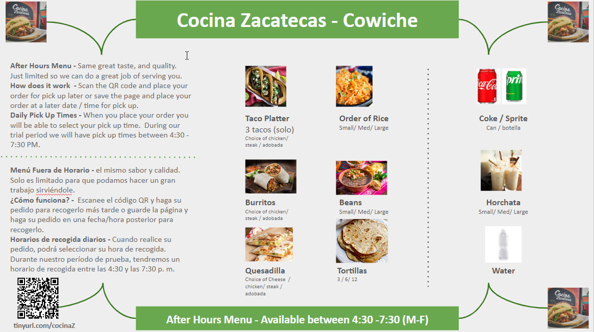Our after hours menu 