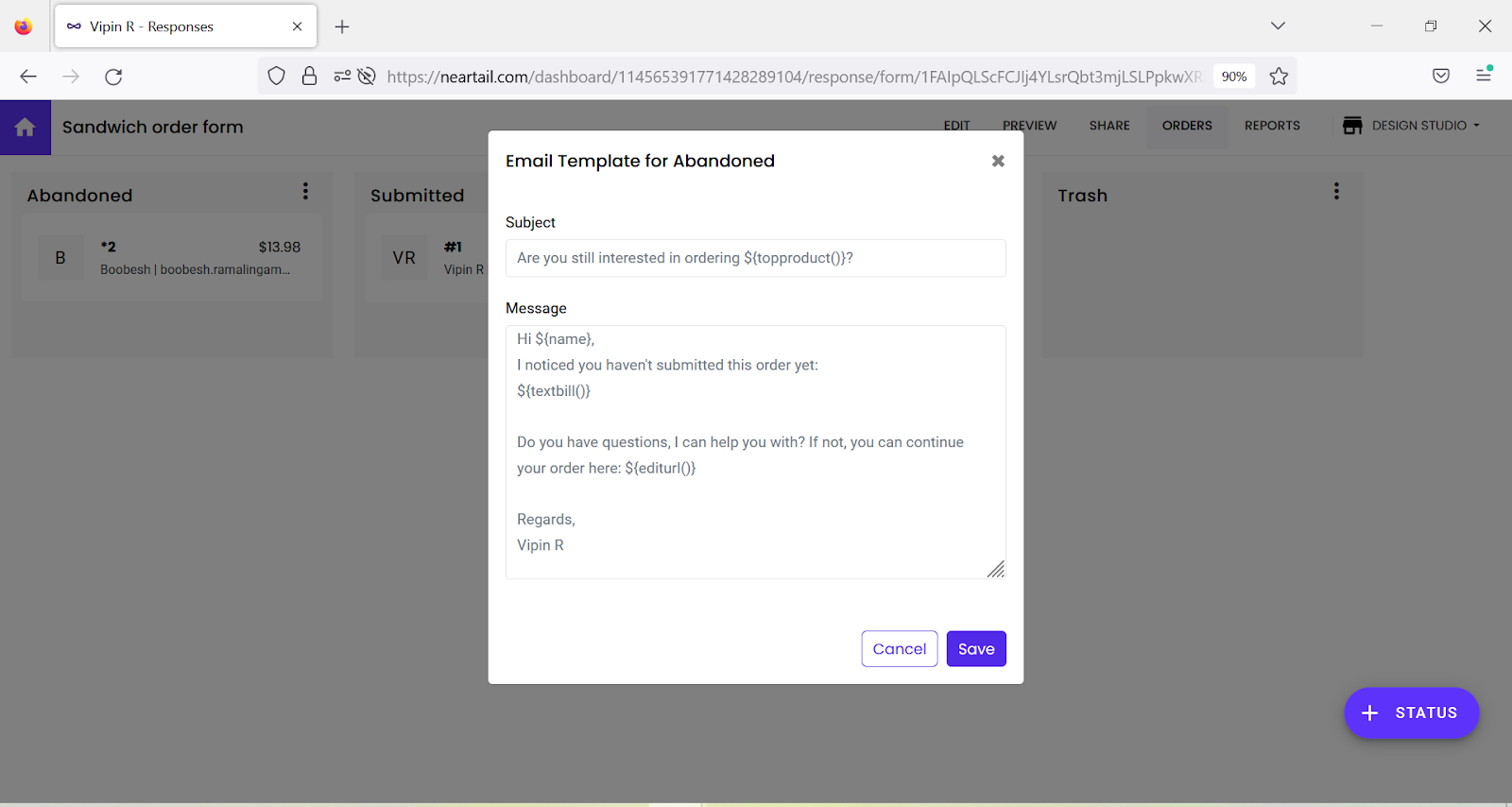 Step 4: Update the subject, message as required and save the email template.