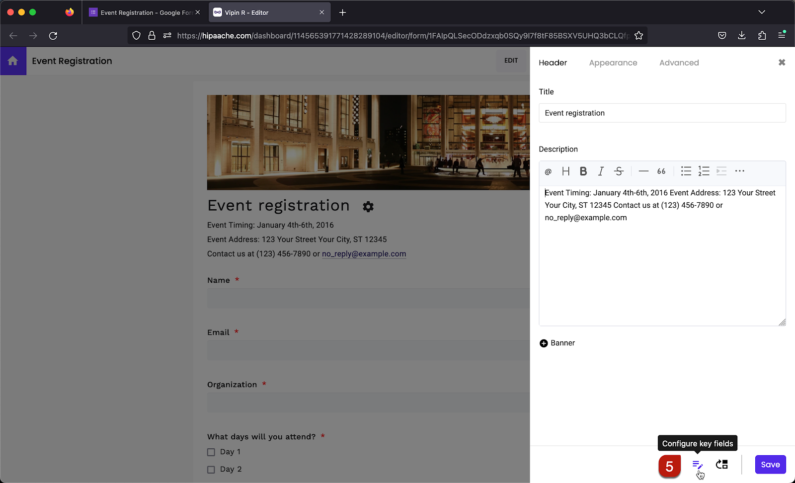Step 5: Form settings page will be displayed > click on the configure key fields icon next to the Save button in the bottom right corner
