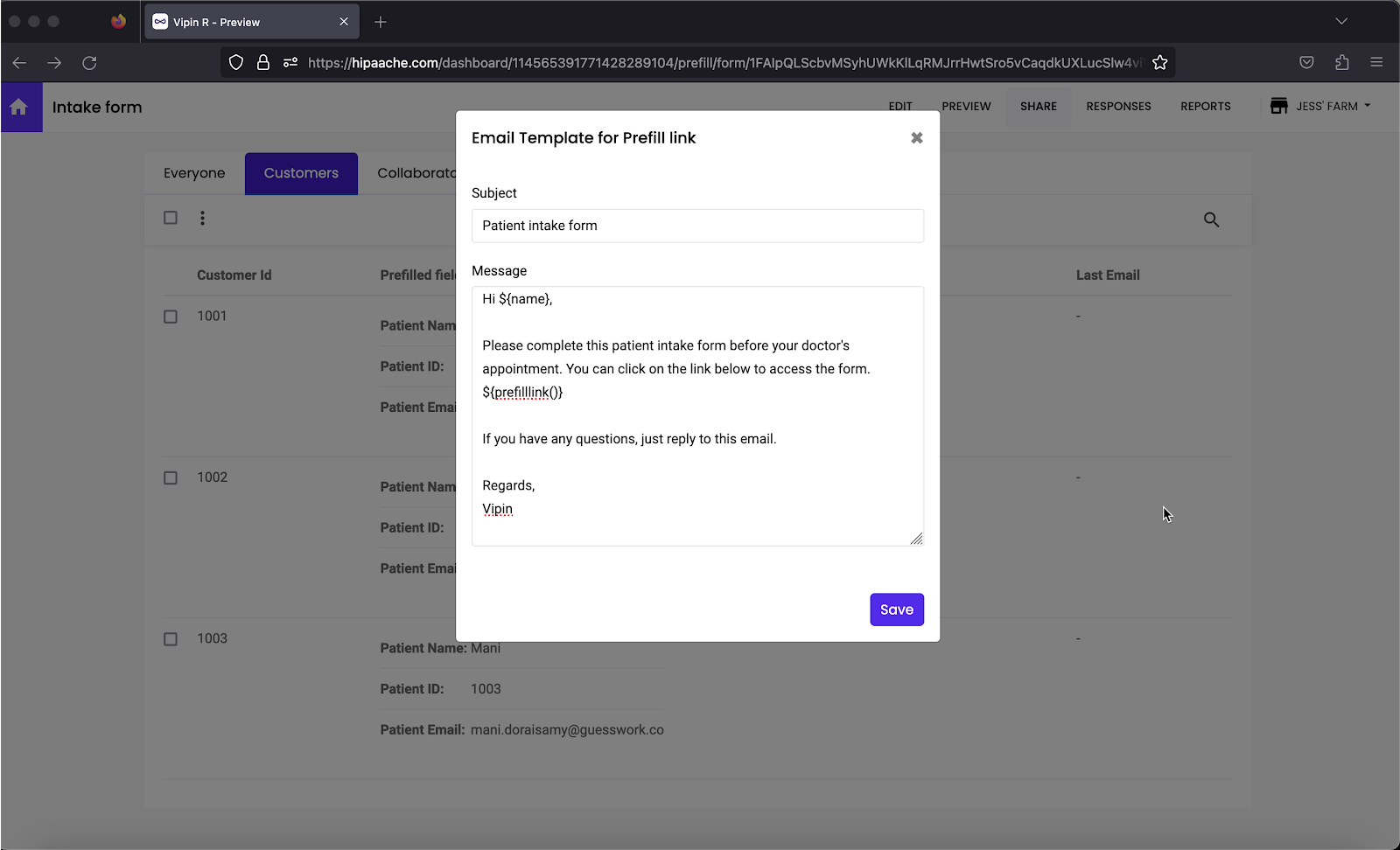 You can easily send an email with the prefill link to your customers by create an email template