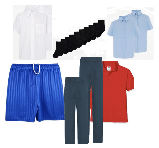Boys Uniform Set : 1 Light blue shirt, 1 White shirt, 1 bottom/trouser, pair of free black socks.