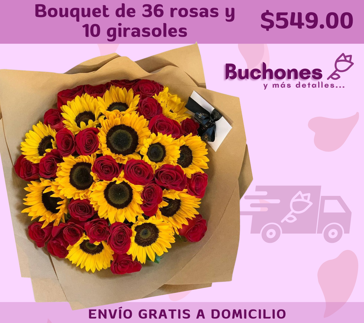 Bouquet de 36 rosas y 10 girasoles