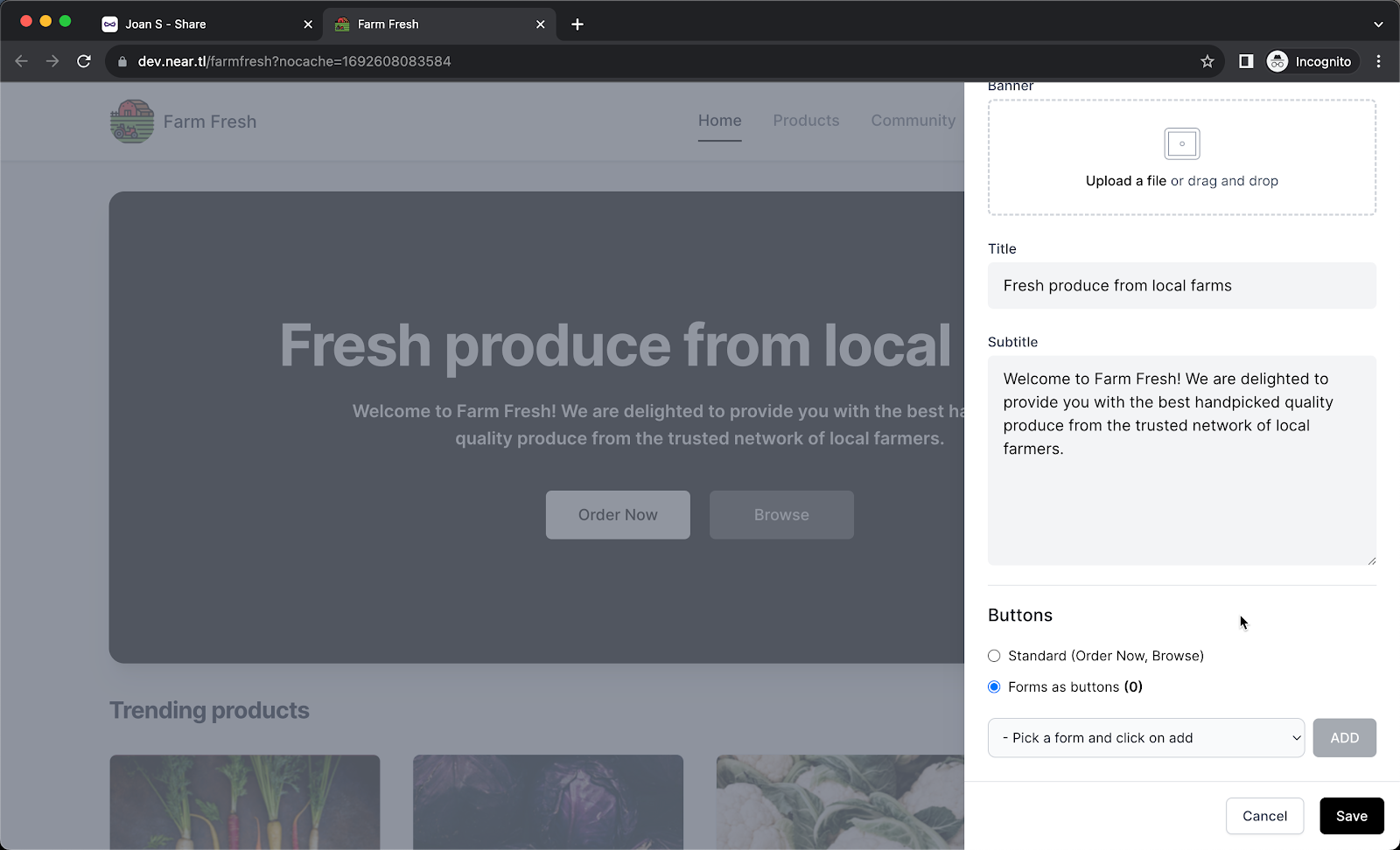 In the Home page, click on the Edit page button in the bottom right corner >  Home page settings will be displayed > select Forms as buttons
