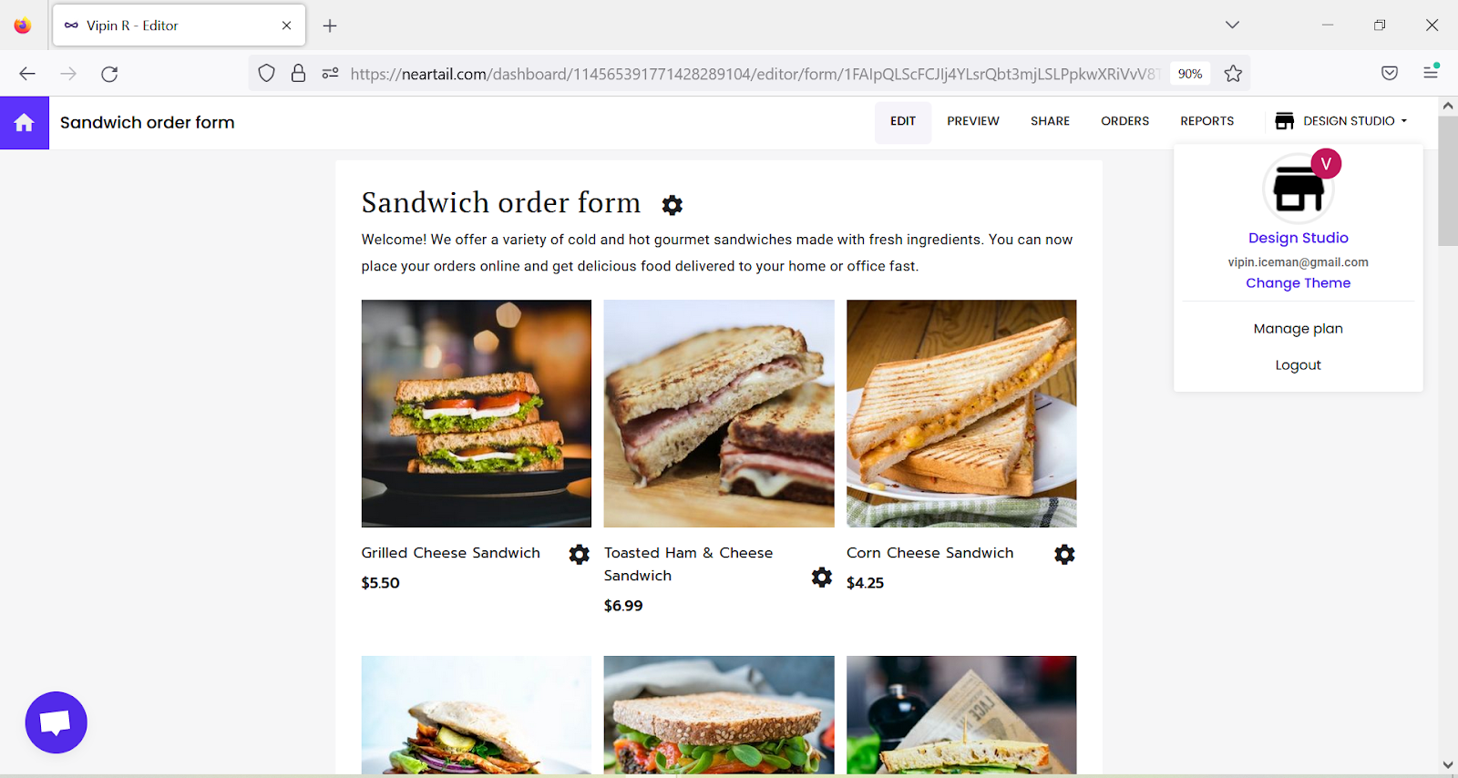 Step 2: In the Neartail Edit page, click on the profile name in the top right corner > click Change theme