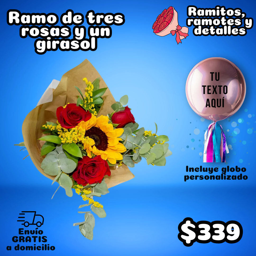 RAMO DE 3 ROSAS Y UN GIRASOL