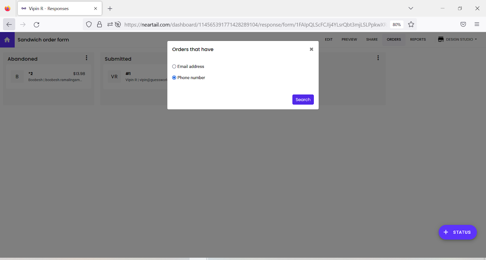 Step 2: Select the phone number option and click Search to filter abandoned orders with the customer phone number details