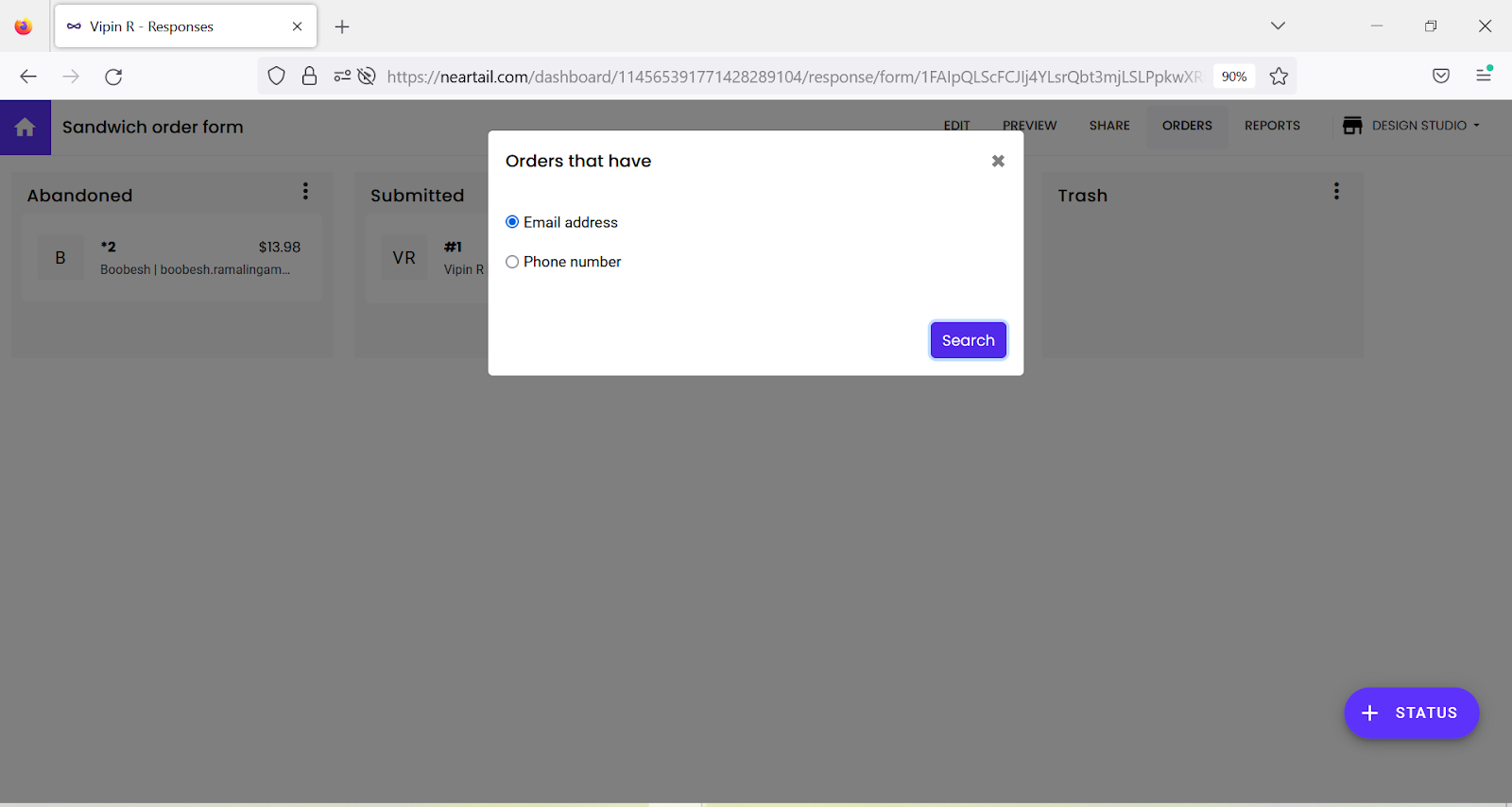 Step 2: Select the email address option and click Search to filter abandoned orders with the customer email details
