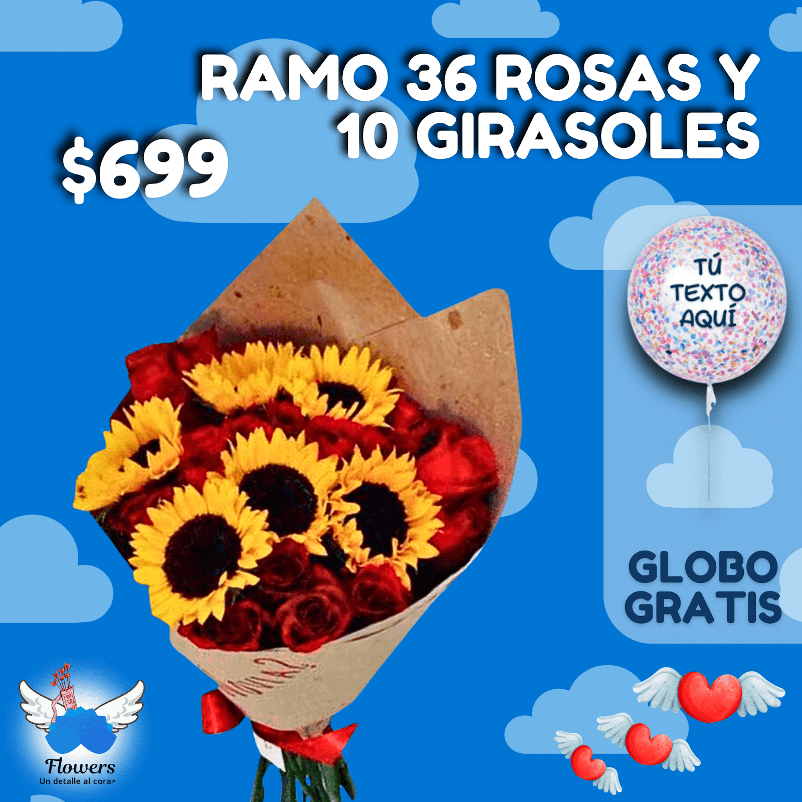 RAMO DE 36 ROSAS Y 10 GIRASOLES