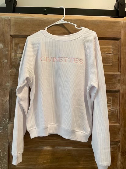 White Ribbed Crewneck Sweatshirt with Pink 