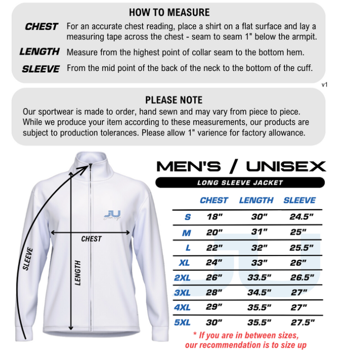 Long Sleeve Jacket Size Chart