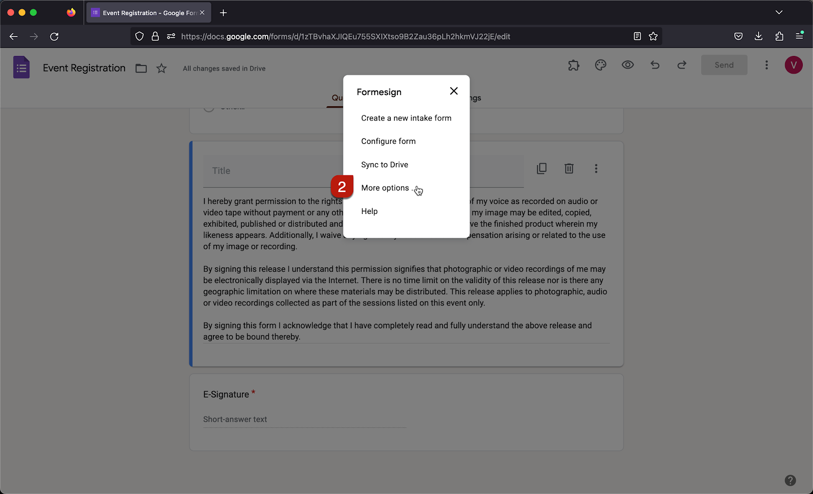 Step 2: Formesign addon menu options will be displayed > click More options