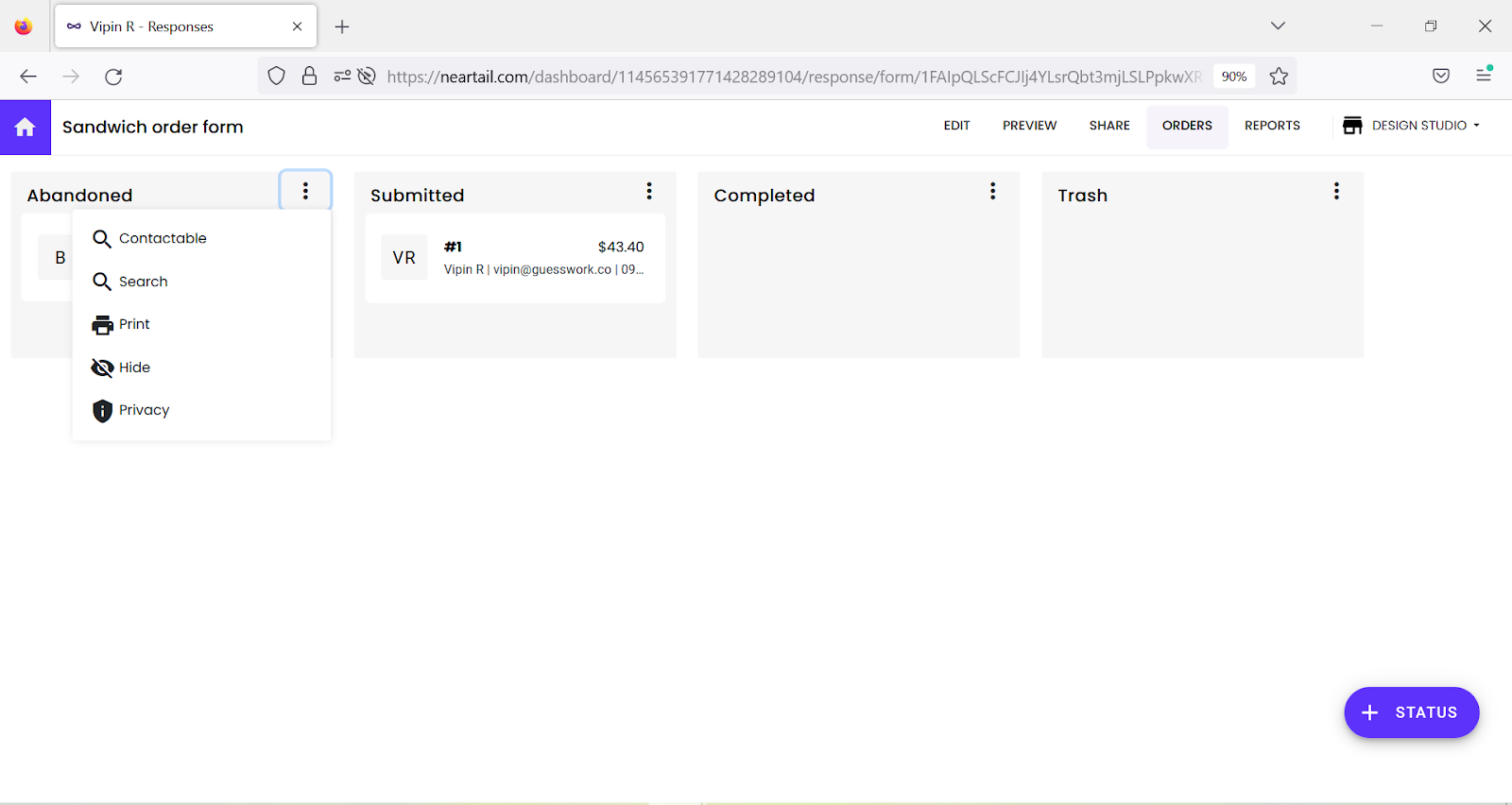 Step 1: In the Orders page, click on the three dots more icon next to Abandoned status > click Contactable