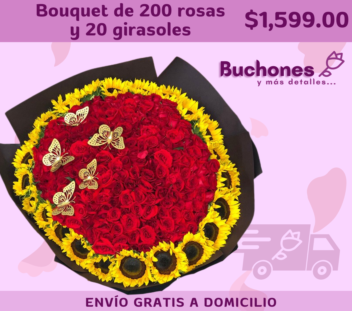 Bouquet de 200 rosas y 20 girasoles (10% OFF)