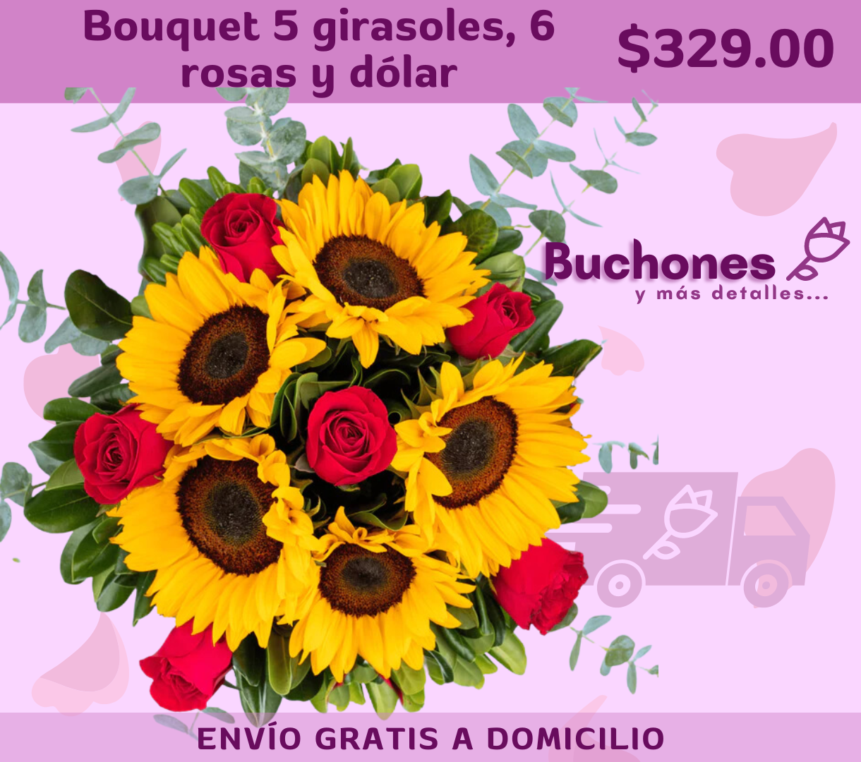 Bouquet 5 girasoles, 6 rosas y dólar