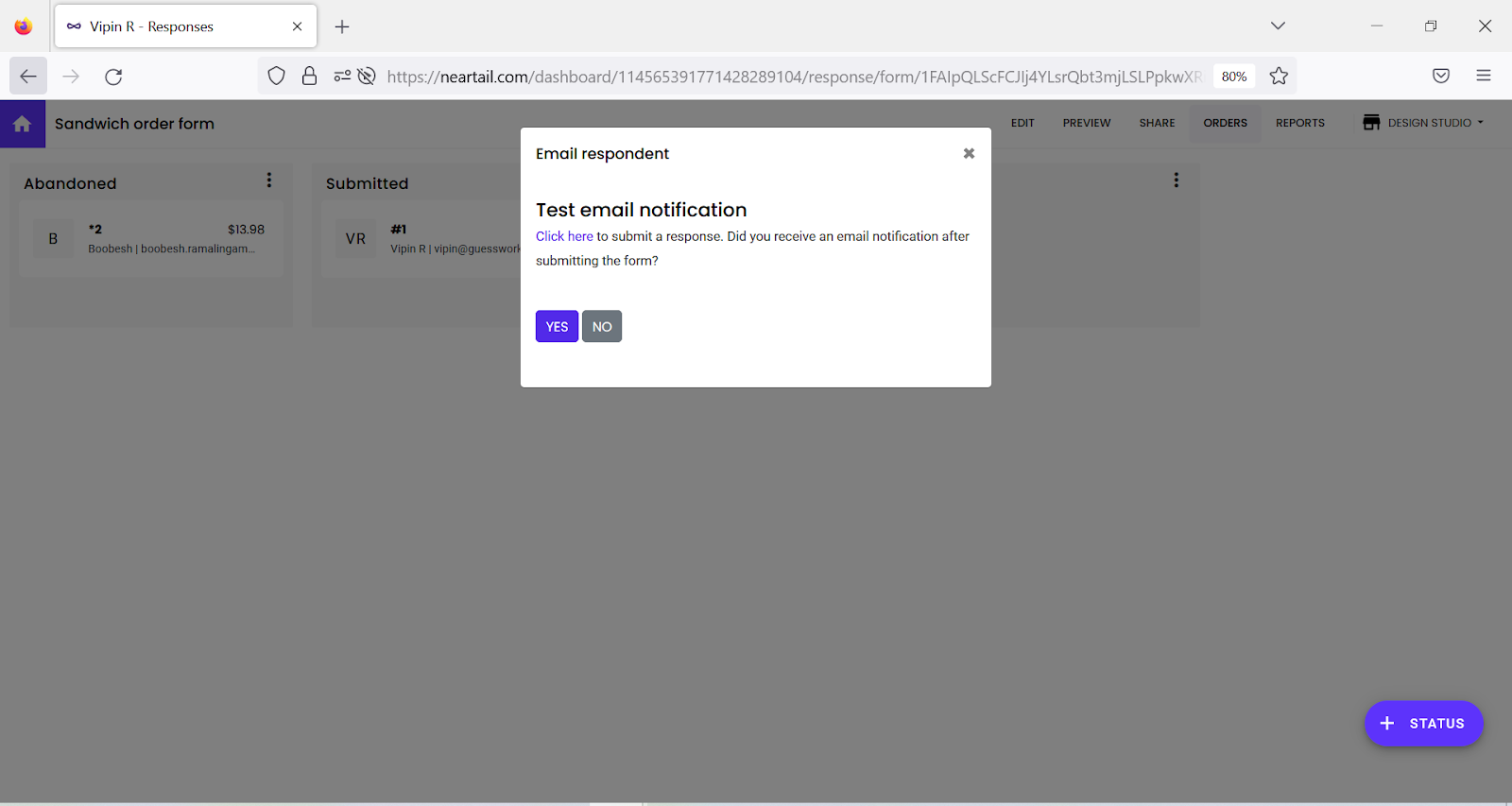 Step 7:  Click on the link to open the form and submit a response to test confirmation emails
