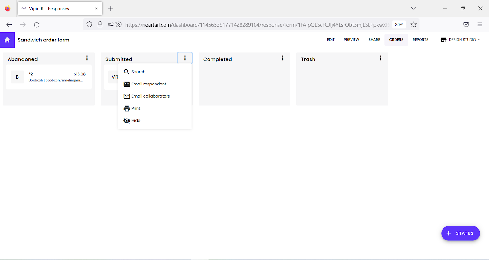 Step 3: In the Orders page, click on the More icon > click Email respondent