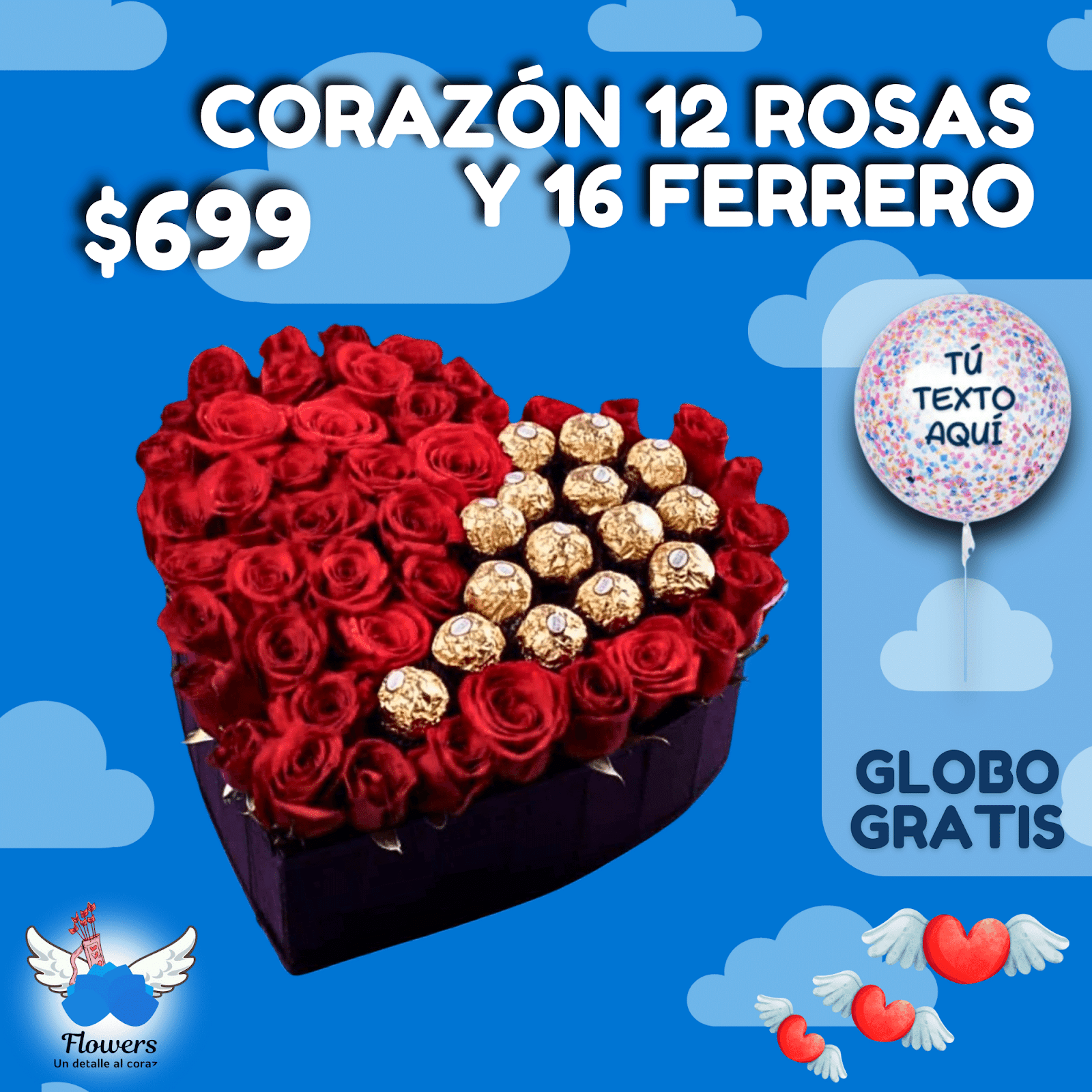 CORAZÓN DE 12 ROSAS Y 16 FERRERO