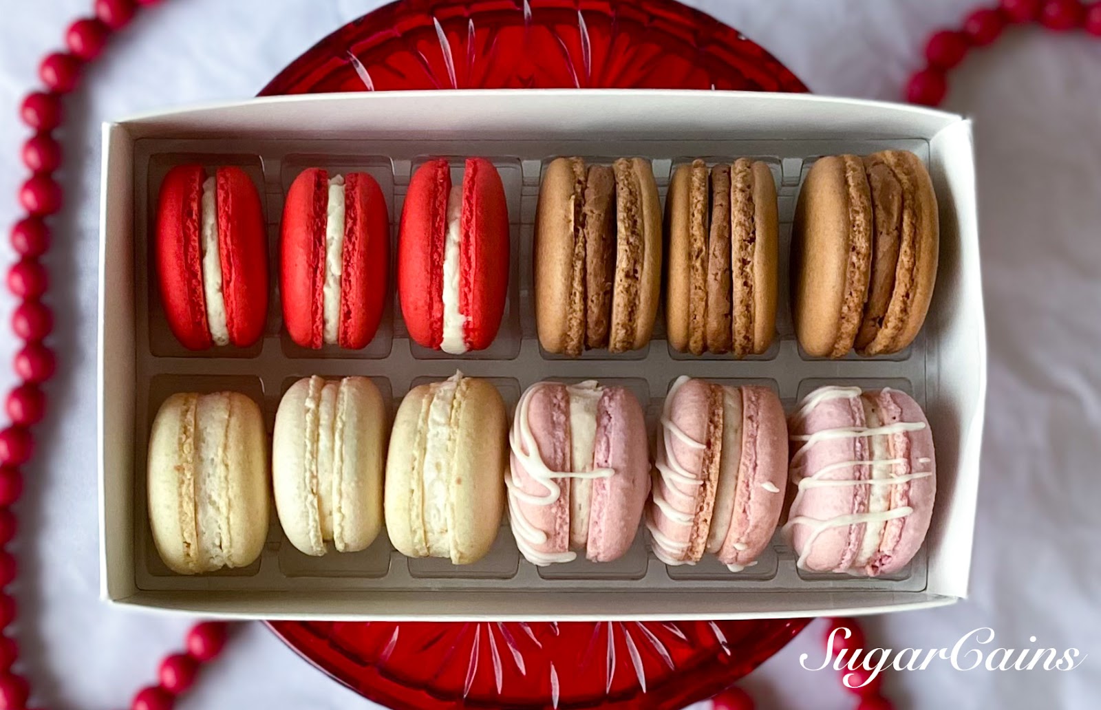 Assorted Valentine Macarons
Flavors: Red Velvet, Chocolate Brownie, White Wedding, & Little Debbie Valentine Snack Cake