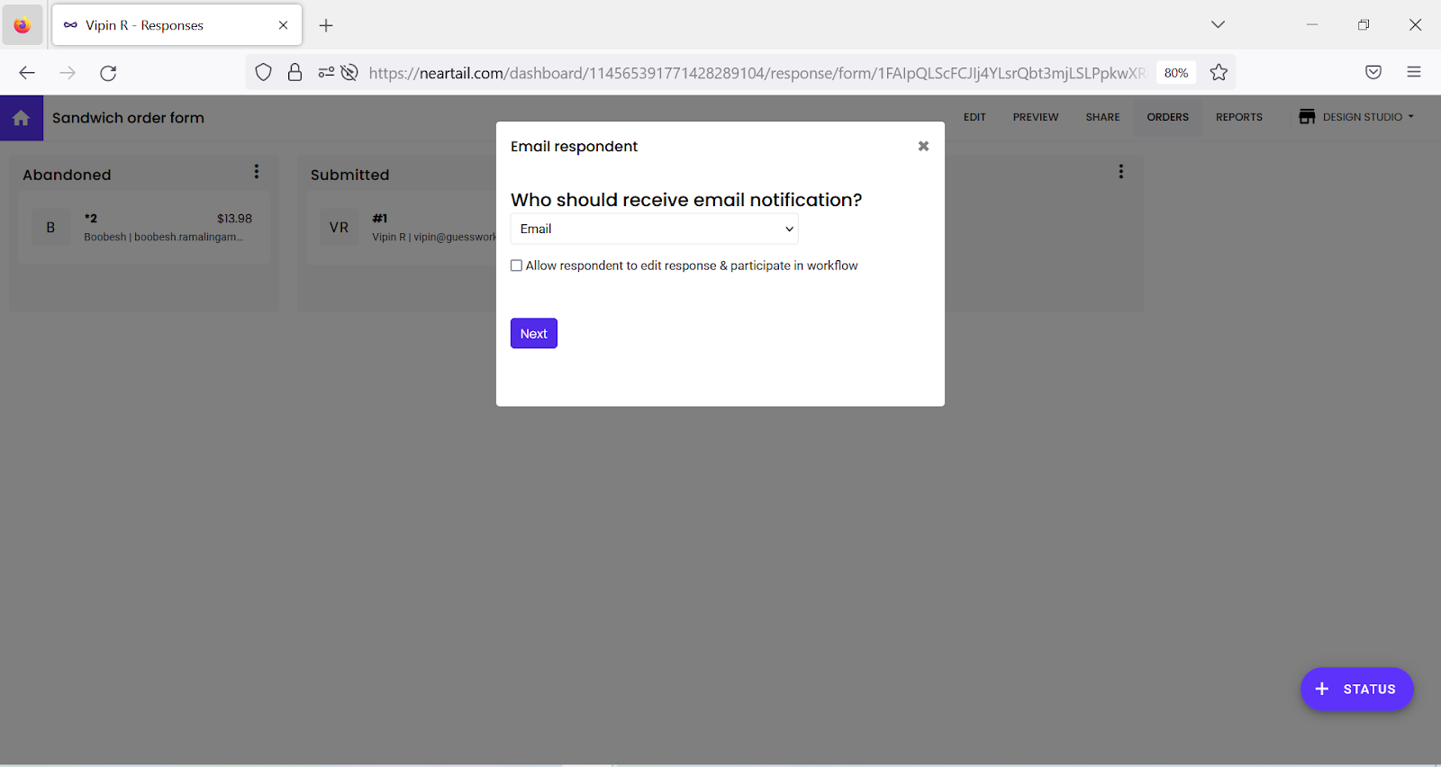 Step 4: Email respondent setup wizard will be displayed > select the email field from the dropdown list and click Next
