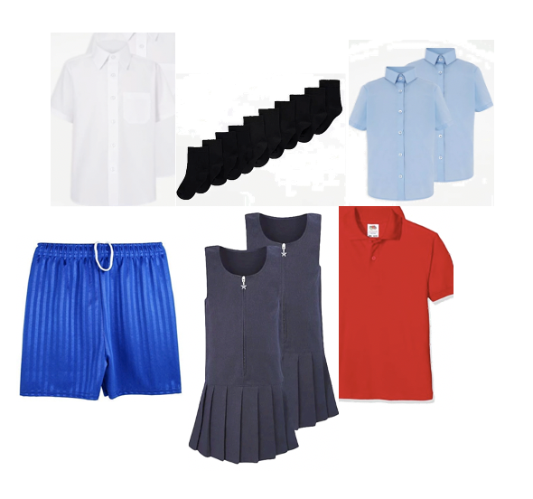 Girls Uniform Set : 1 Light blue shirt, 1 White shirt, 1 Pinafore dress or 1 Skirt , pair of free black socks.