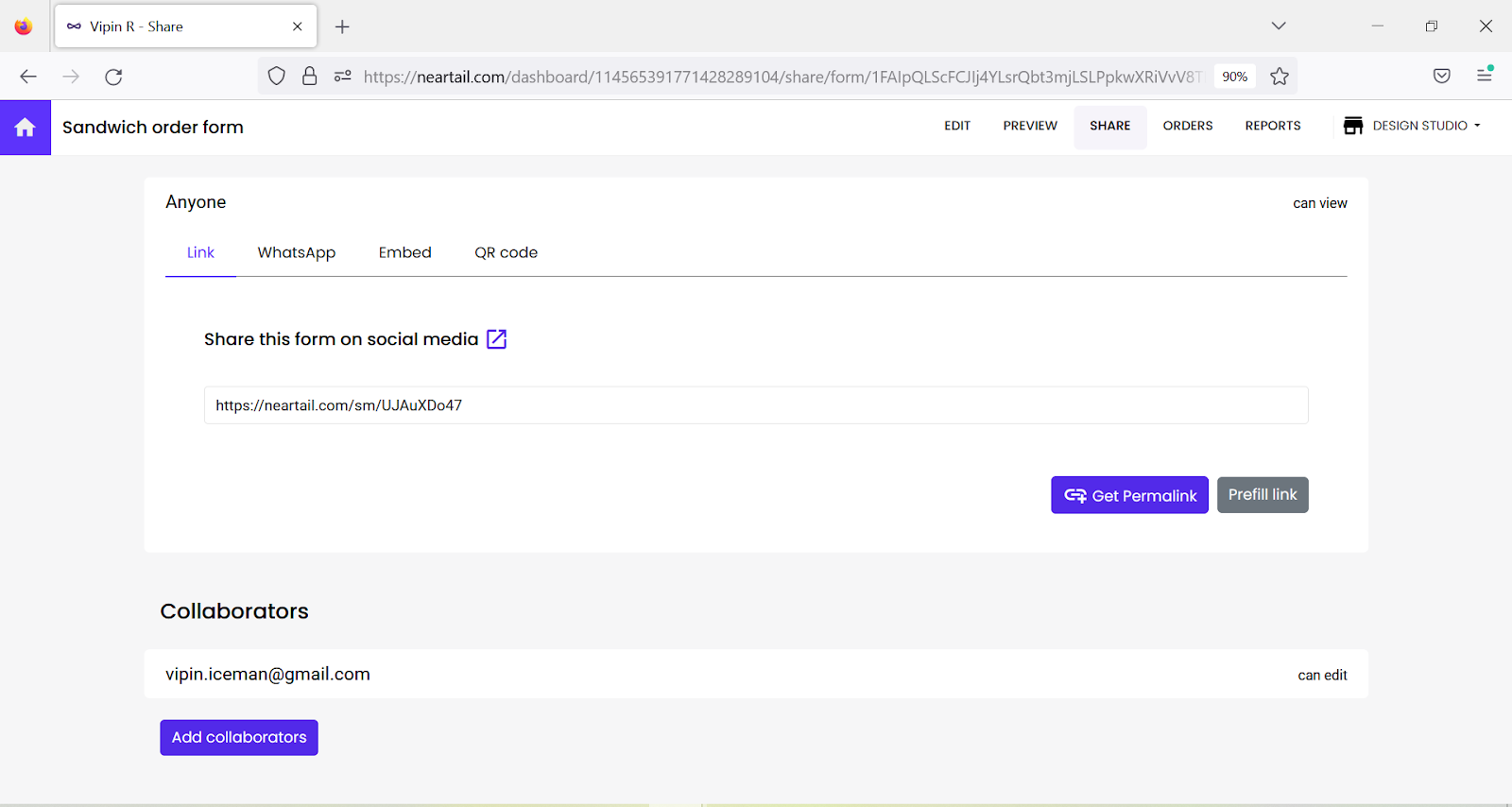 Step 2: Click Share > In the Share page, click on the Get Permalink button