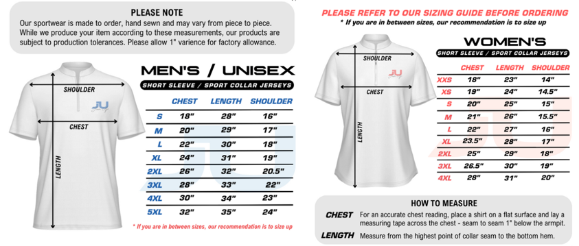 Sport Collar Jersey Size Chart