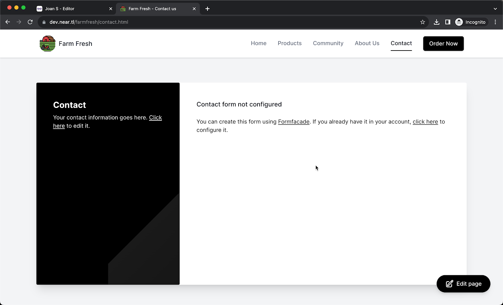 Step 5: In the Contact us page, click on the Edit page button in the bottom right corner.