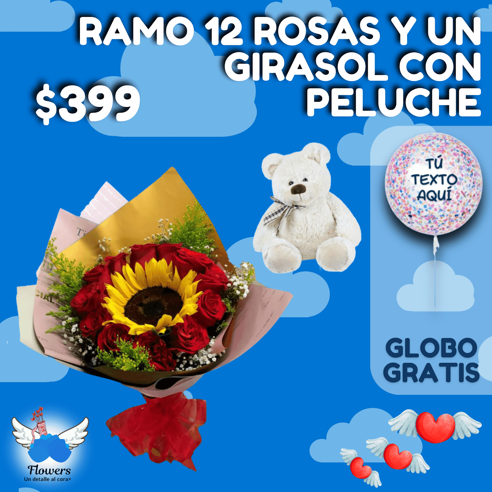 RAMO 12 ROSAS Y UN GIRASOL CON PELUCHE