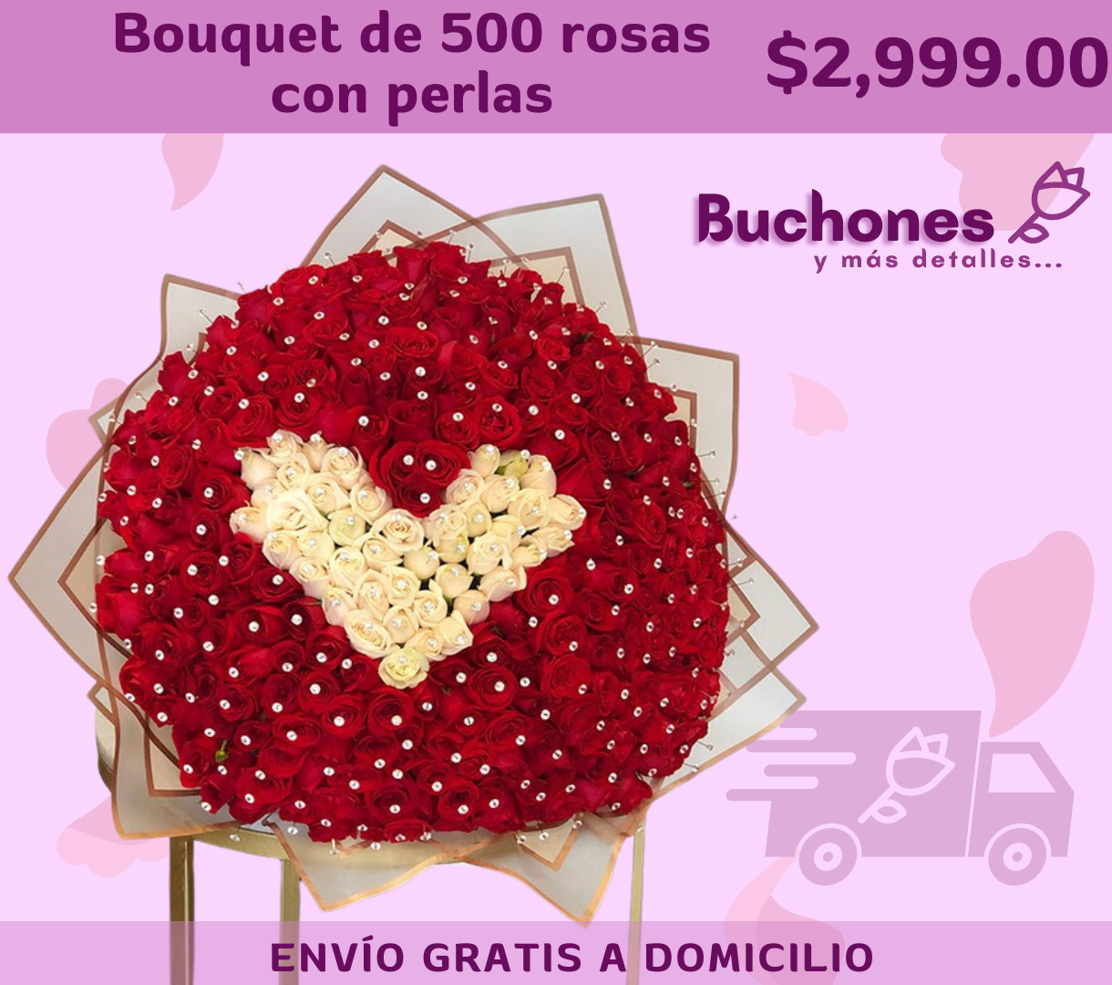 Bouquet de 500 rosas con perlas  (10% OFF)