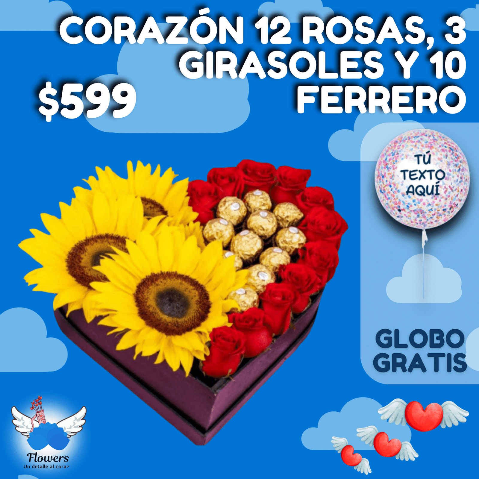 CORAZÓN DE 12 ROSAS, 3 GIRASOLES Y 10 FERRERO