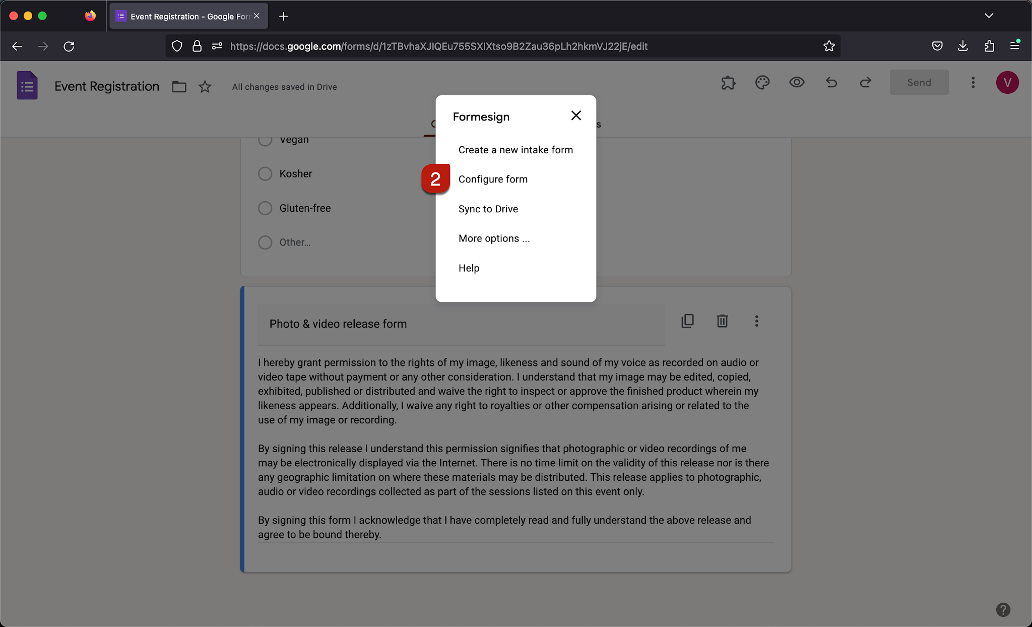 Step 2: Formesign addon menu options will be displayed > click Configure form