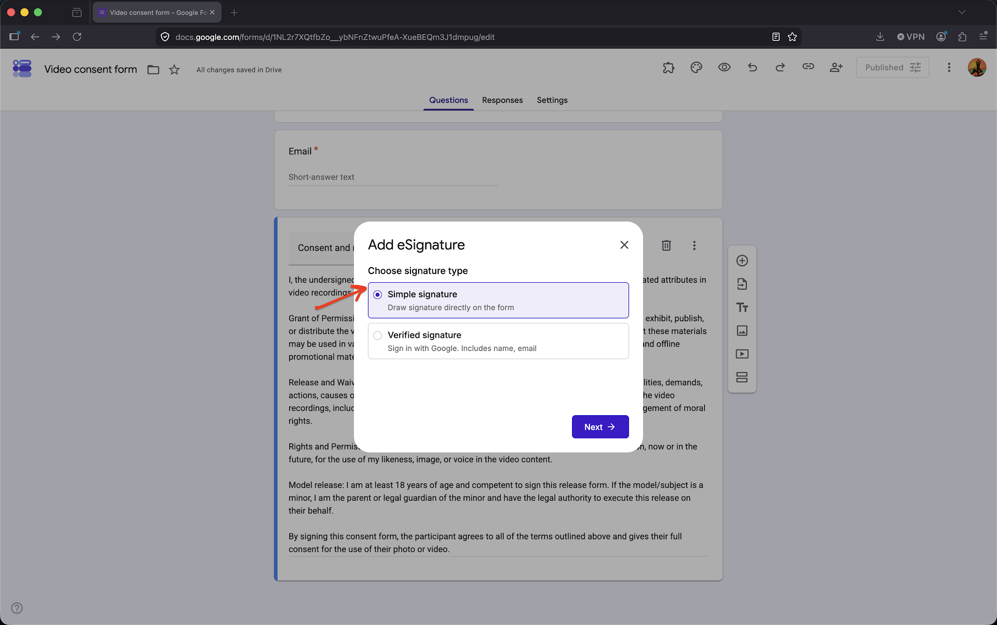 Step 3: Setup wizard will be displayed > select Simple signature and click Next