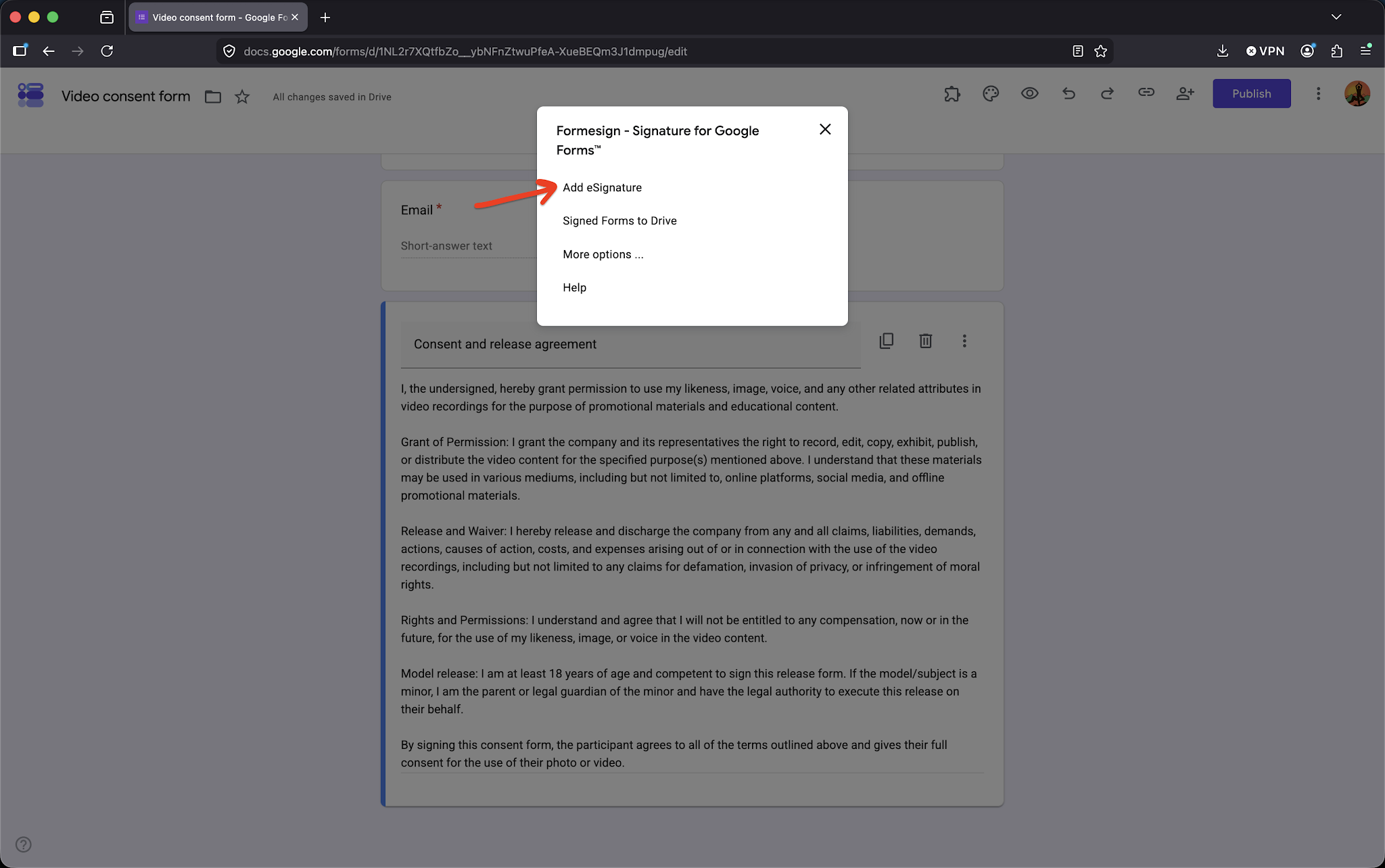 Step 2: Formesign addon menu options will be displayed > click Add eSignature