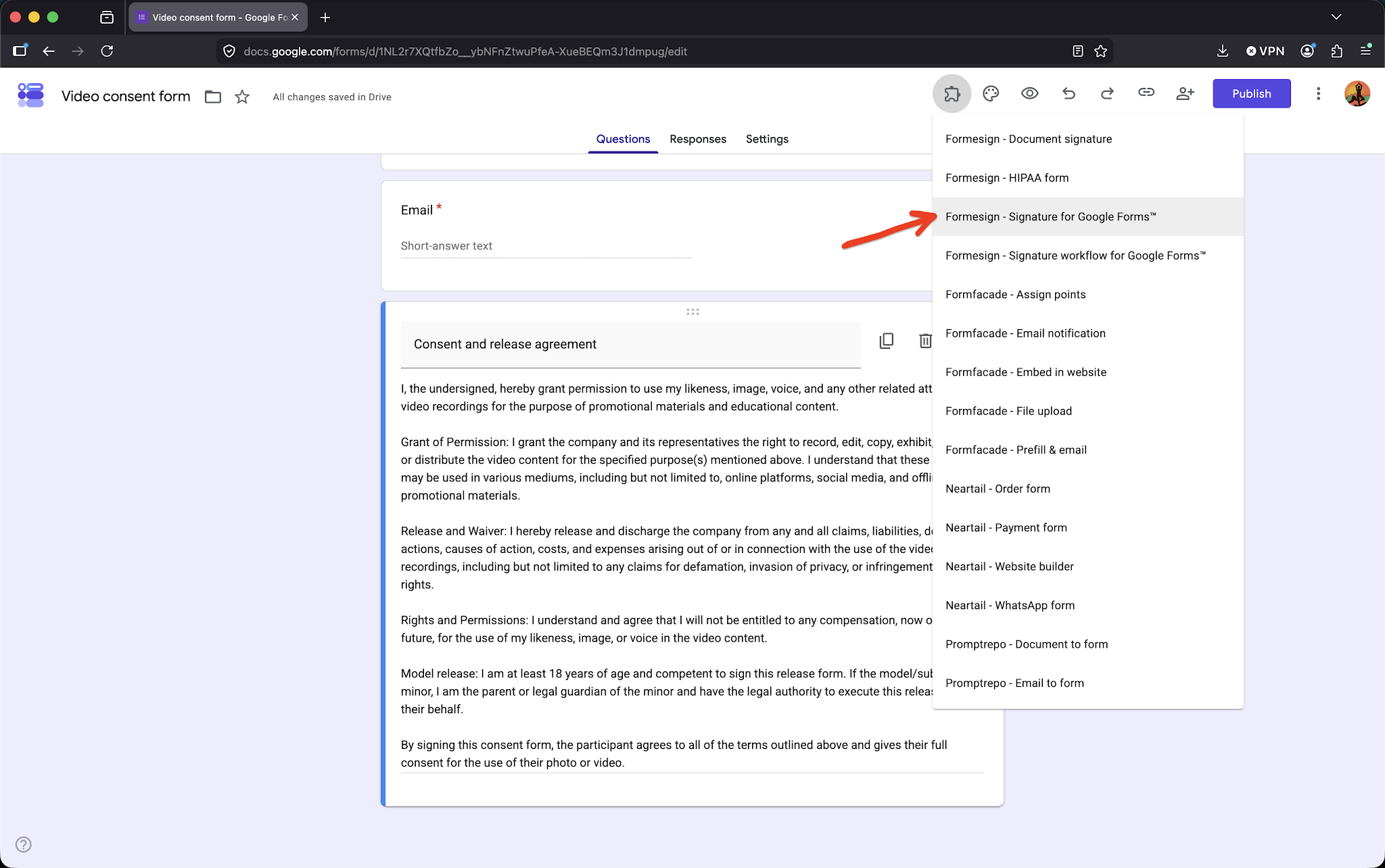 Step 1: Open your form in Google Forms > click on the addon icon > click Formesign - Signature for Google Forms