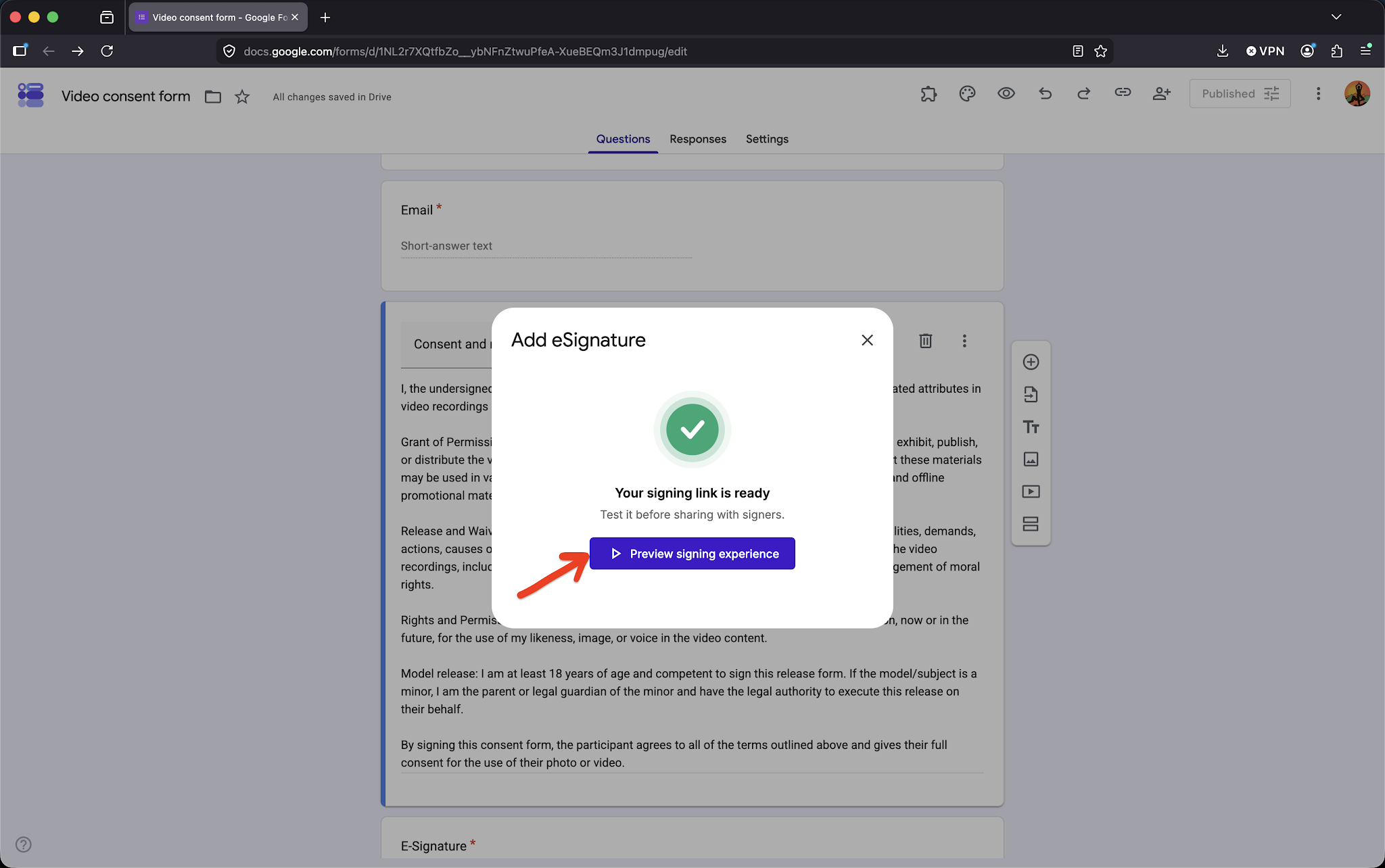 Step 5: The e-signature field will be added at the selected location. Click Preview Signing Experience to test the form.