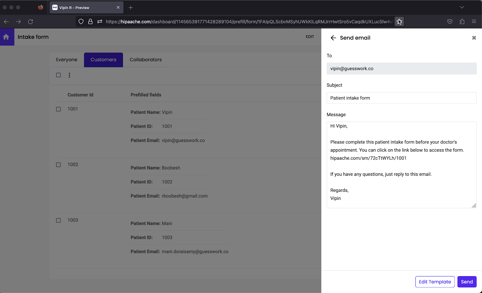 Formprefill automatically generates an email based on the email template that you have set up. You can edit this message before sending it your customer.