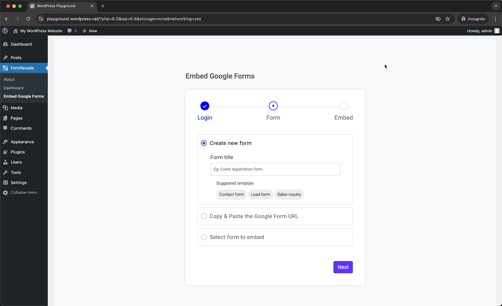 Step 5: You can either create a new form, select from your existing forms or copy & paste the url for the google form you would like to embed and click Next.