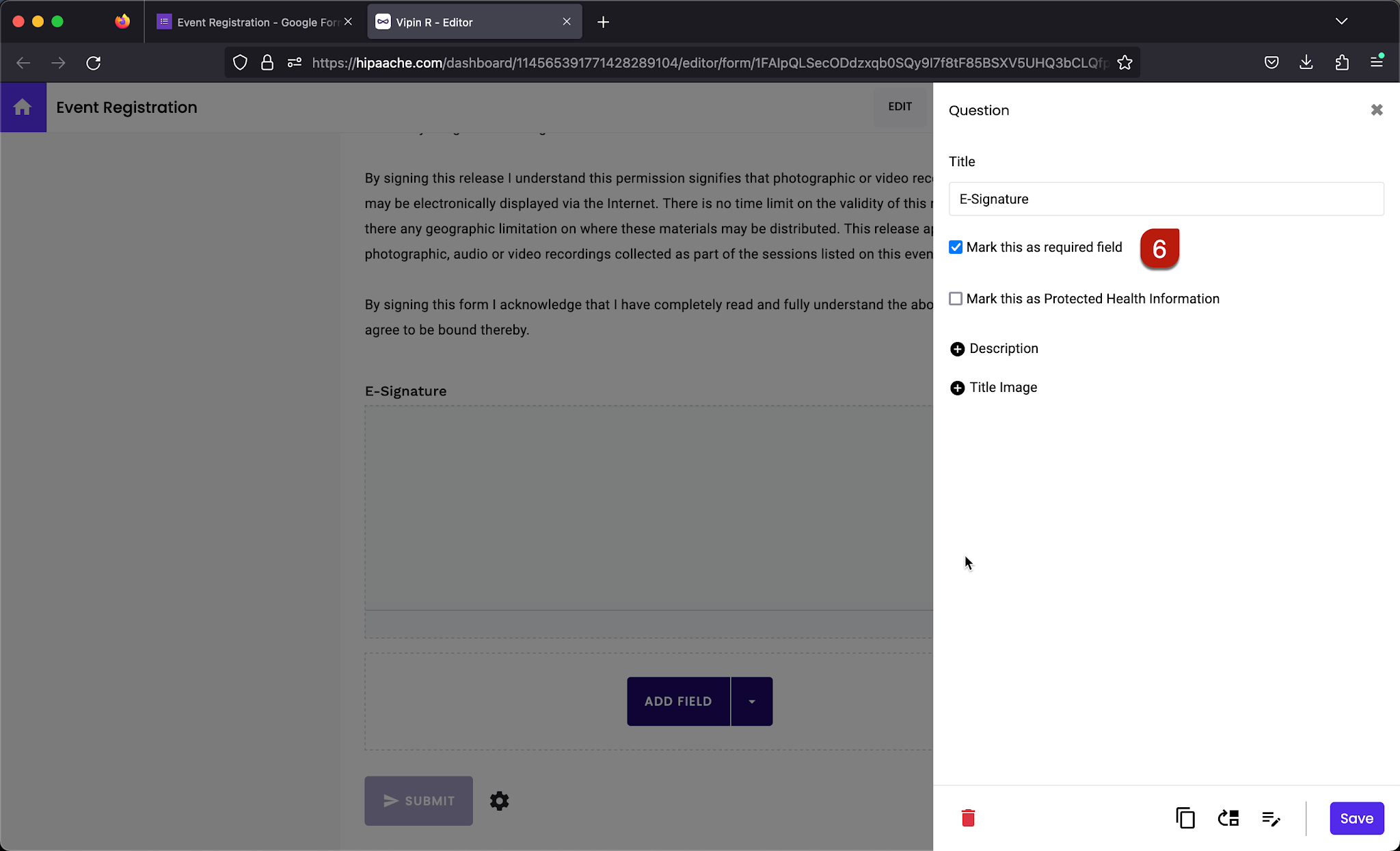 Step 6: Click on the gear icon next to the e-signature field > Field settings page will be displayed > You can mark this as required or optional and click Save.