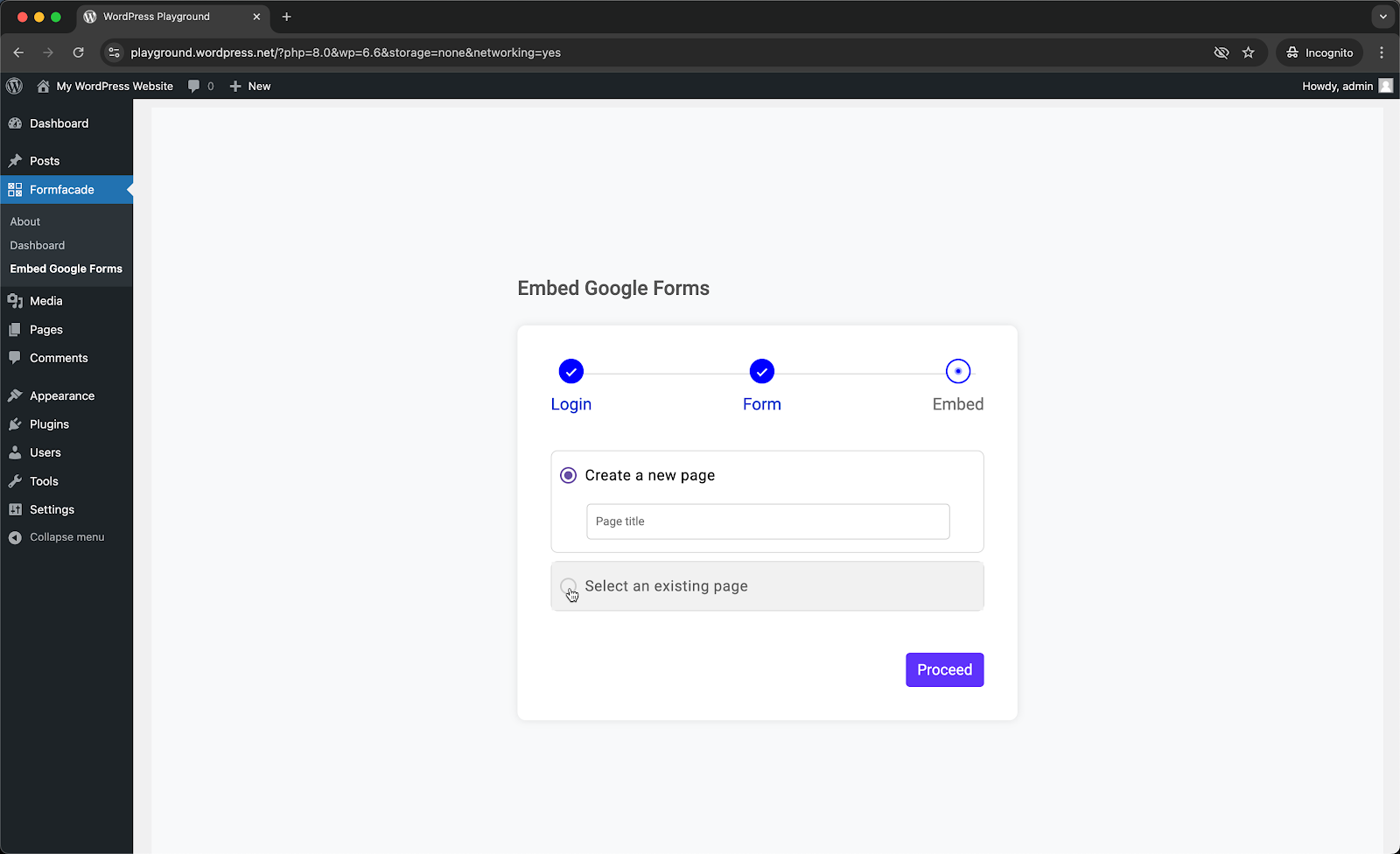 Step 6: You can select the preferred page from the dropdown with the list of pages from your WordPress site or select create a new page, enter the page title and click Proceed