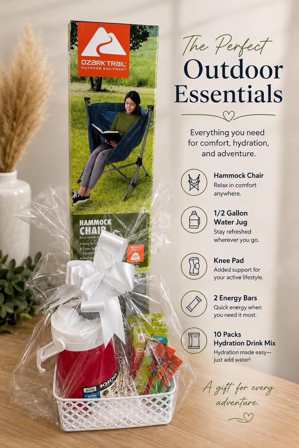 Outdoor Essentials - Includes: Hammock Chair, Half a Gallon Water Jug, Knee Pads, 2 Energy Bars, 10 Pack Hydration Drink Mix