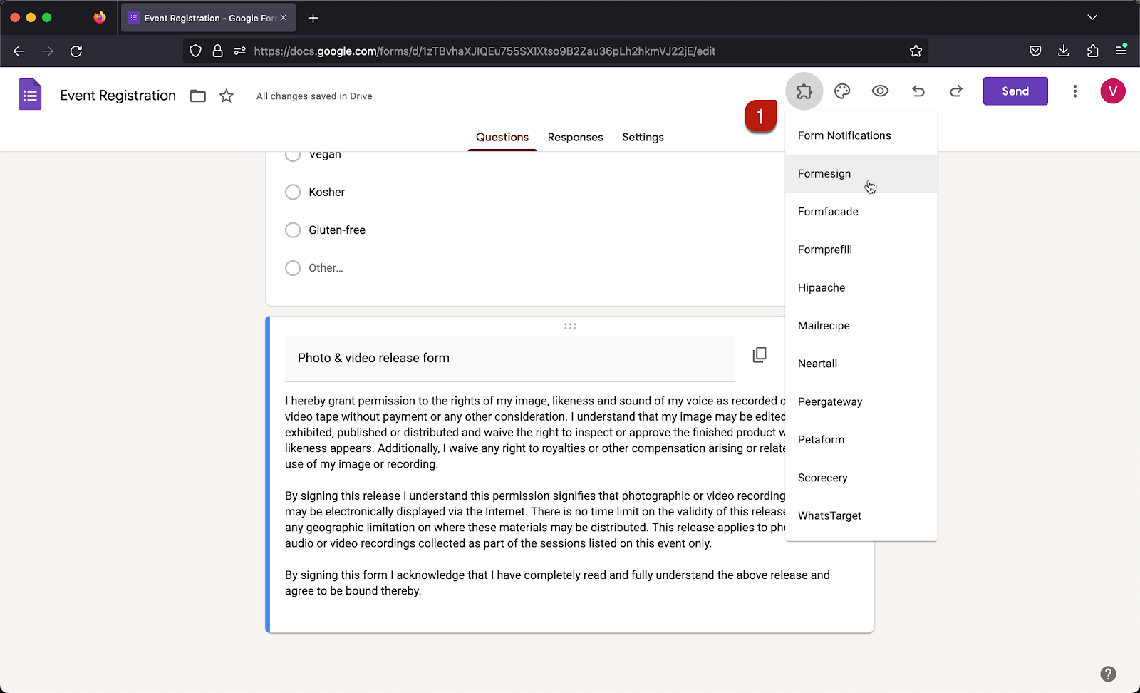 Step 1: Open your form in Google Forms > click on the addon icon > click Formesign