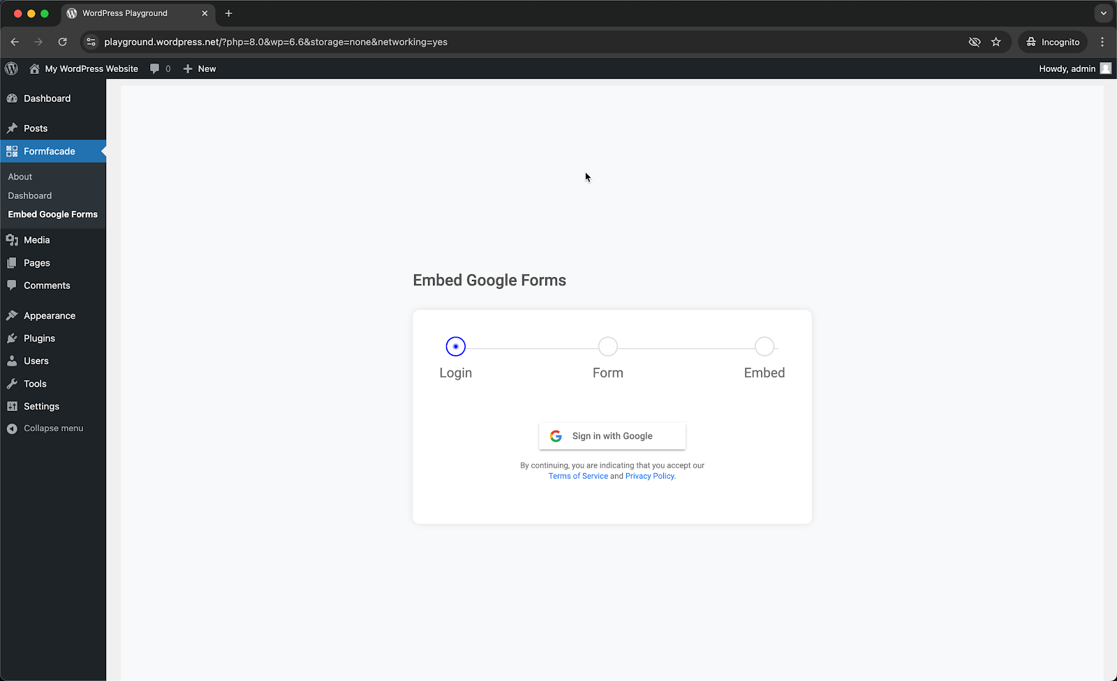 Step 4: Embed setup wizard will be displayed > login with your google account and click Next