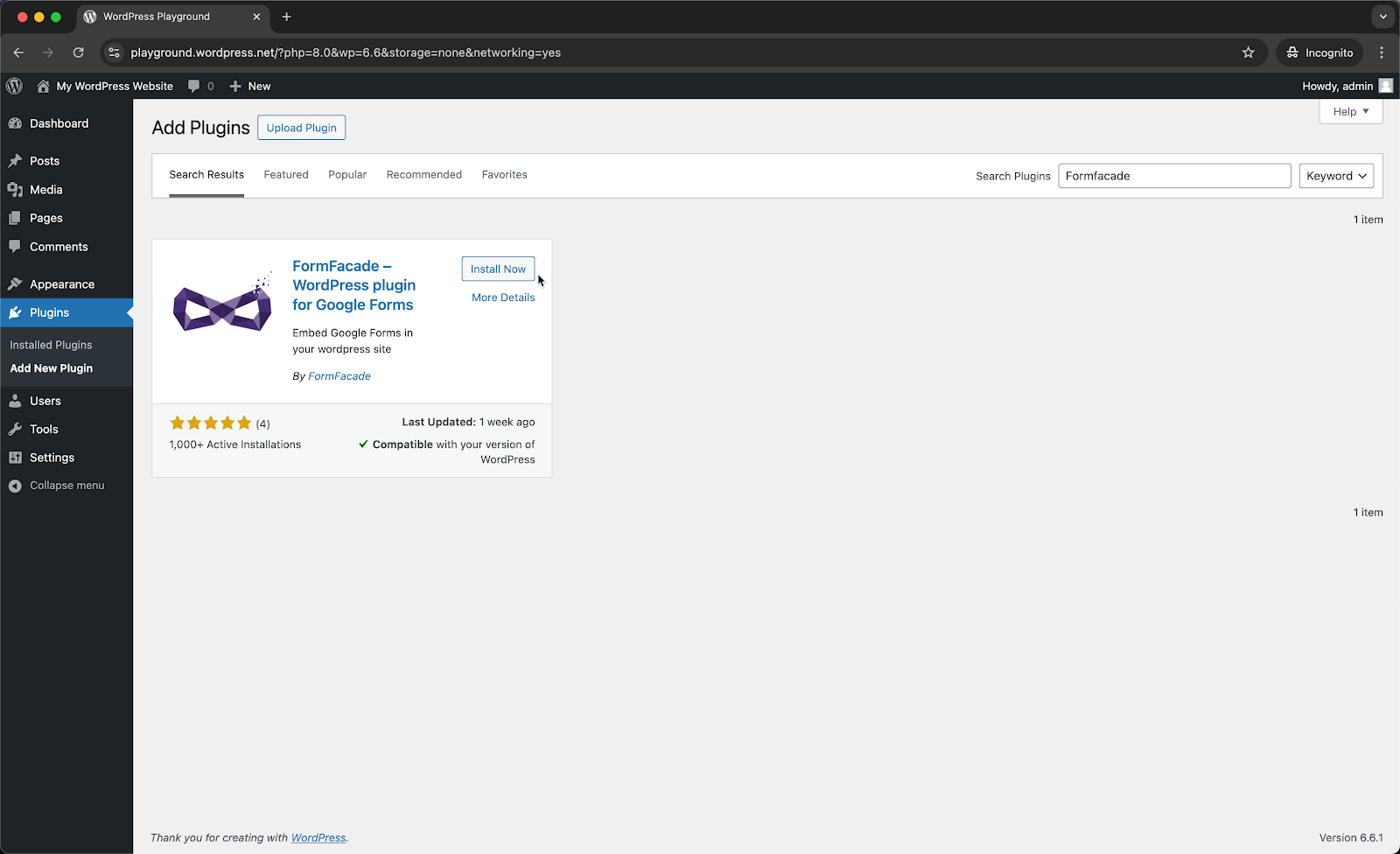 Step 2: Enter "Formfacade" in the search option > Formfacade plugin for WordPress will be displayed > click Install Now