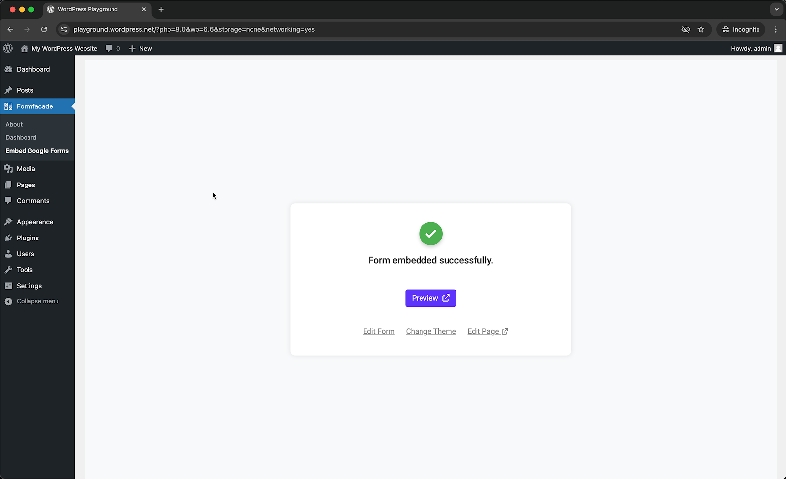 Step 7: Formfacade will be automatically embed the form at the bottom of the selected page. You can click on the Preview button to view the embedded form.