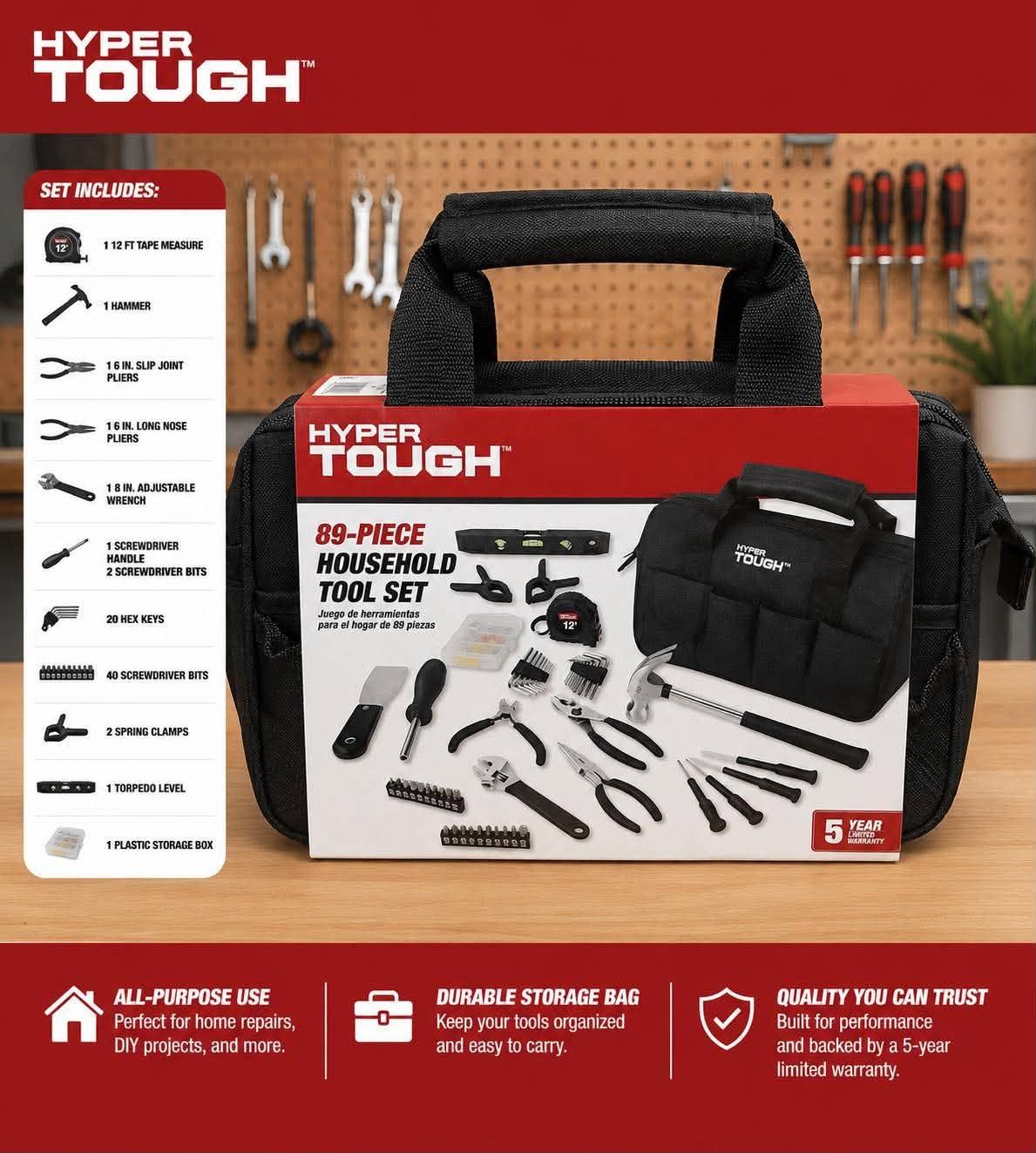 Tool Time - Includes: 12 ft Measuring Tape, Hammer, 6 inch Slip Joint Plier, 6 inch Long Nose Plier, 8 inch Adjustable Wrench, Screwdriver Handle & 2 Screwdriver Bits, 20 Hex Keys, 40 Screwdriver Bits, 2 Spring Clamps, Torpedo Level, and Plastic Storage Box