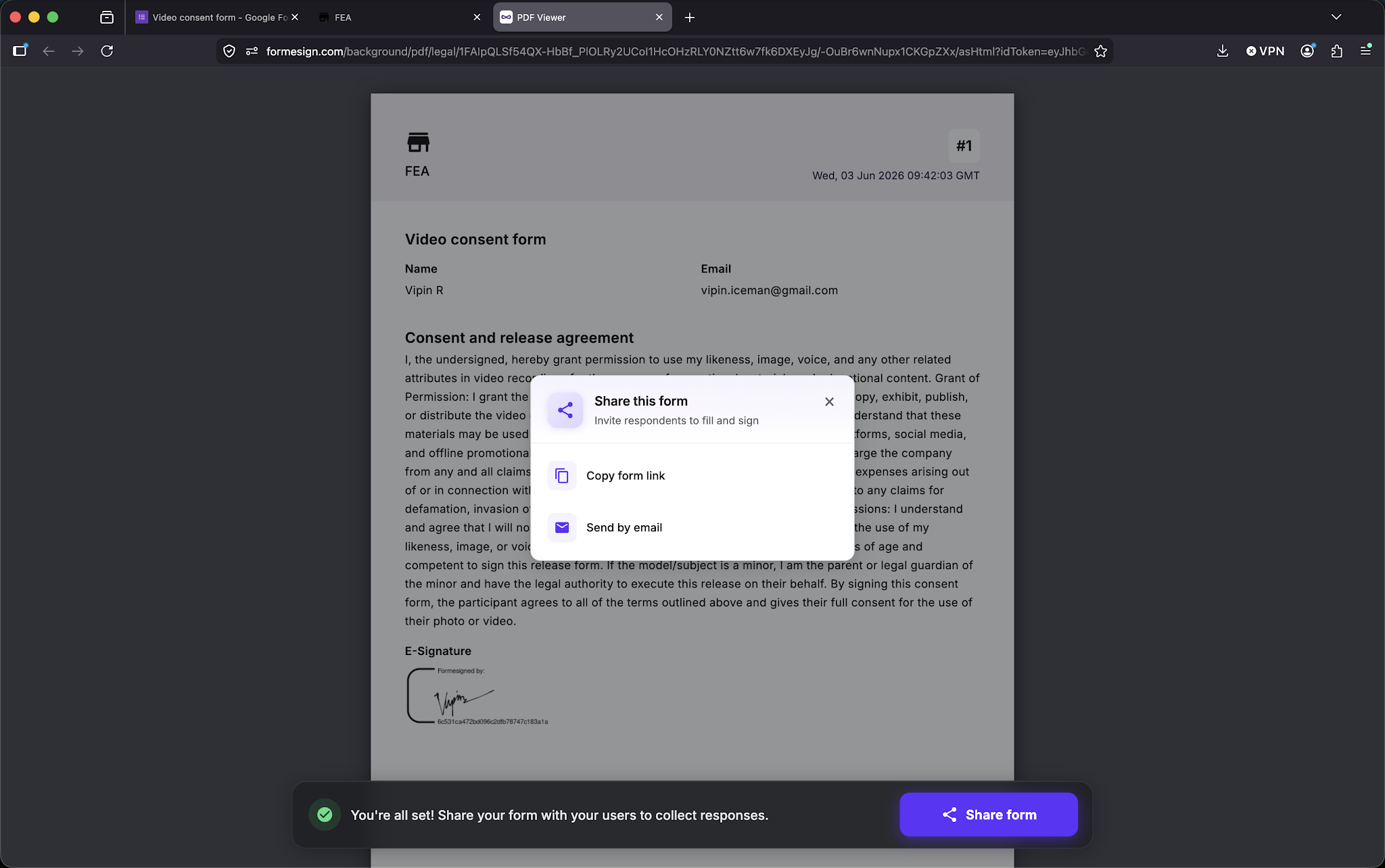 Step 9: Copy the form link and share it with your respondents, or send it directly via email to start collecting signed responses.