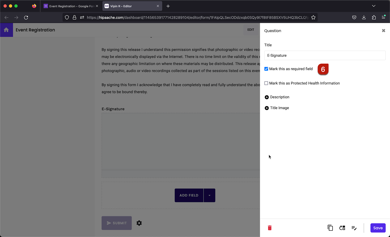 Step 6: Click on the gear icon next to the e-signature field > Field settings page will be displayed > You can mark this as required or optional and click Save.