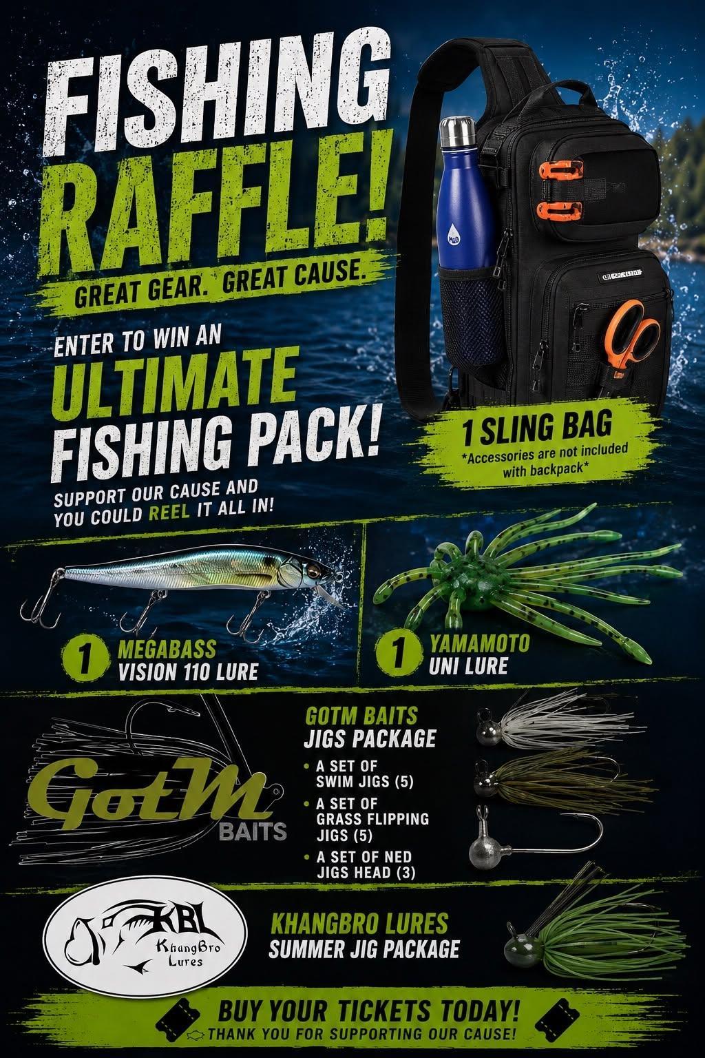 Gone Fishing - Includes: Sling Bag, Mega Bass Vision 110 Lure, Yamamoto Uni Lure, Swim Jigs, Grass Flipping Jigs, Ned Jigs Head, Khangbro Lures Summer Jig Package