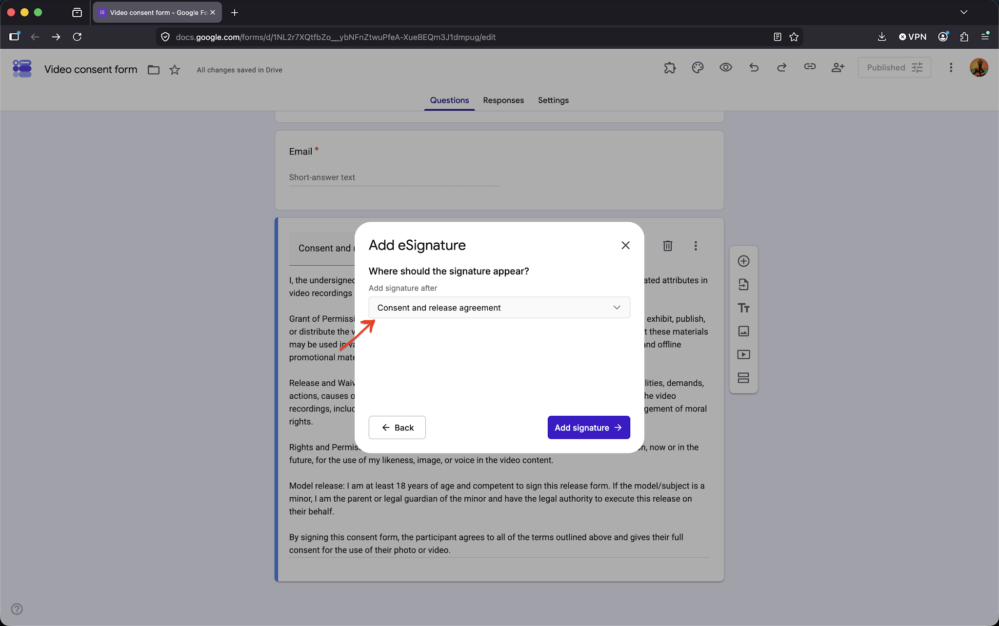 Step 4: Select where you want to add the signature field, then click Add Signature.